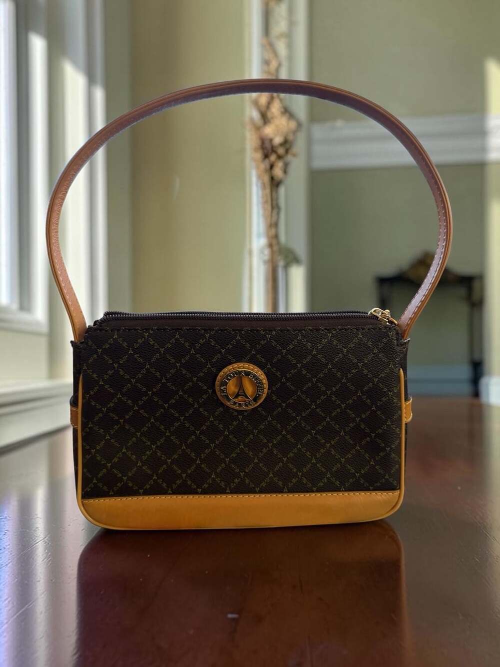La Tour Eiffel Paris Monogram Brown and Tan Leather Shoulder Bag